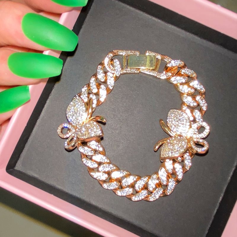 12mm Cuban Link Iced Out Butterfly Women Bracelet Hip Hop Jewelry-VESSFUL