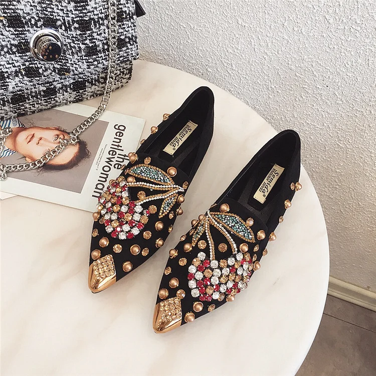 Luxurious Rhinestone Cherry Metal Pointed Toe Flat Shoes  Stunahome.com