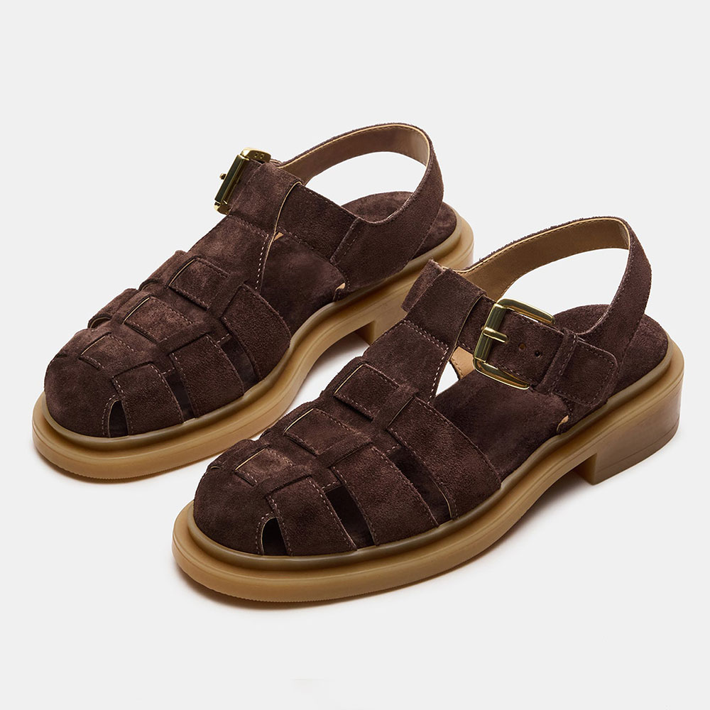 Brown Vegan Suede Round Toe Block Heel Summer Sandals for Women Nicepairs