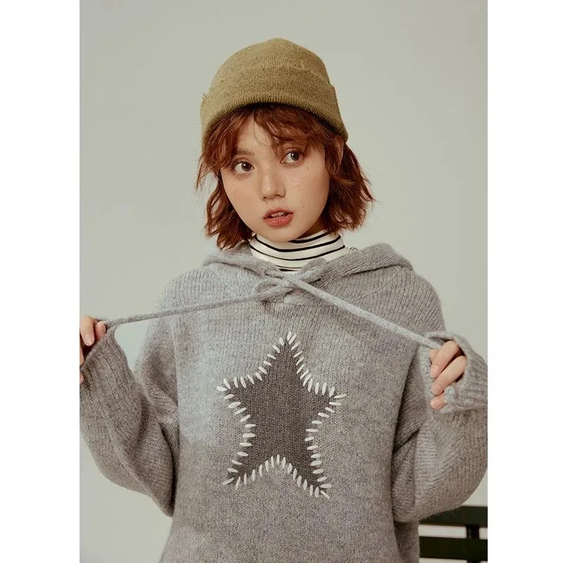 Nncharge Y2k ClothesHooed Pullovers for Women Pull Femme Star Print Thicked Fashion Casual Jumper Knitweat Sweater Tops