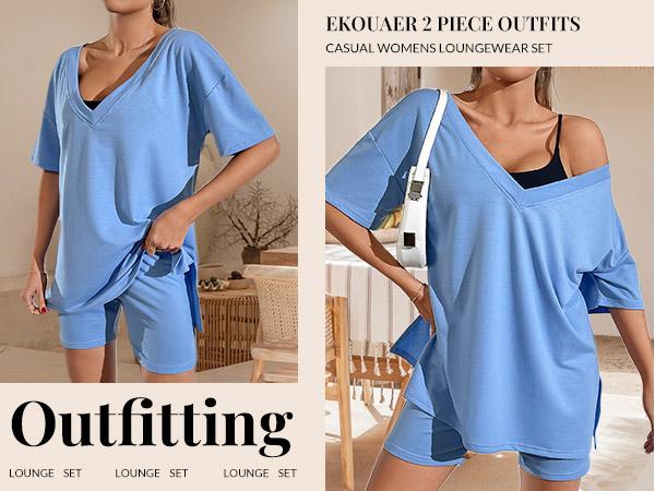 EKOUAER V-neck comfort Two-Piece Pajama Set For Women Summer Casual  Split Hem Shirts & Biker Shorts Minimalist Lounge Wear Soft Homewear Cozy Pjs Clothes Comfy