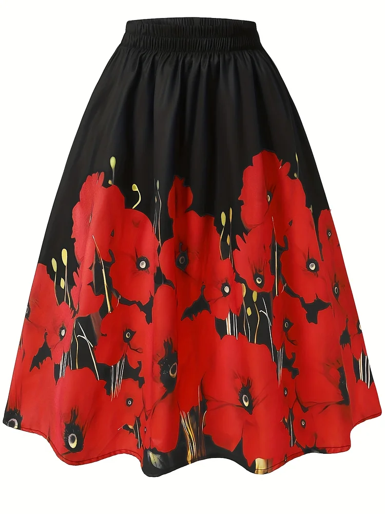 Elegant Red Floral Print Midi Skirt - Mi Tao Directional Women's Machine Washable Pencil Skirt With Black Background & Bold Flower Design For Spring/Fall, Versatile Casual To Formal Wear