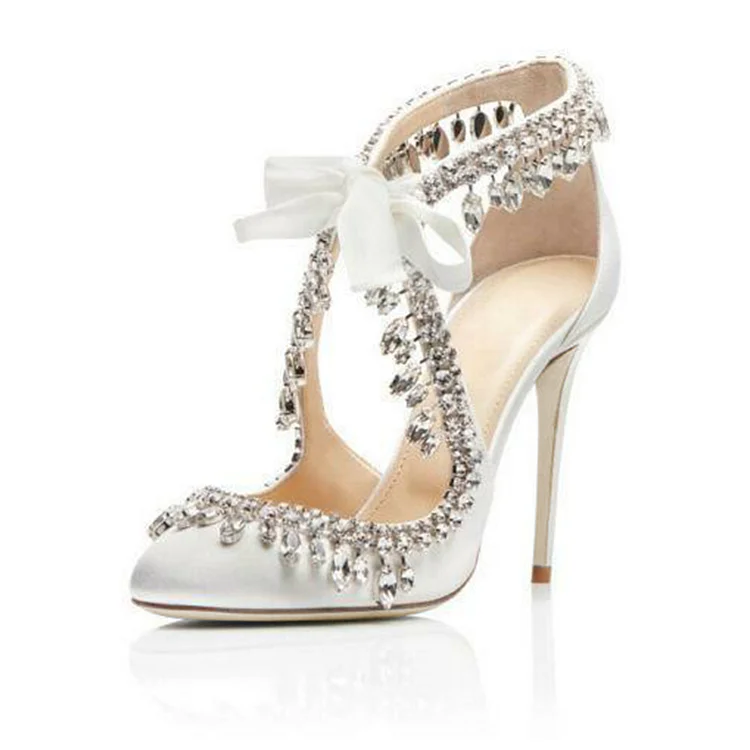 Ivory Rhinestone Satin Stiletto Party Shoes for Elegant Weddings Vdcoo