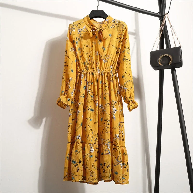 Autumn Chiffon Shirt Dresses Long Sleeve Polka Dot Plaid Office Vintage Dress 2022 Women Summer Casual Midi Floral Dress Vestido