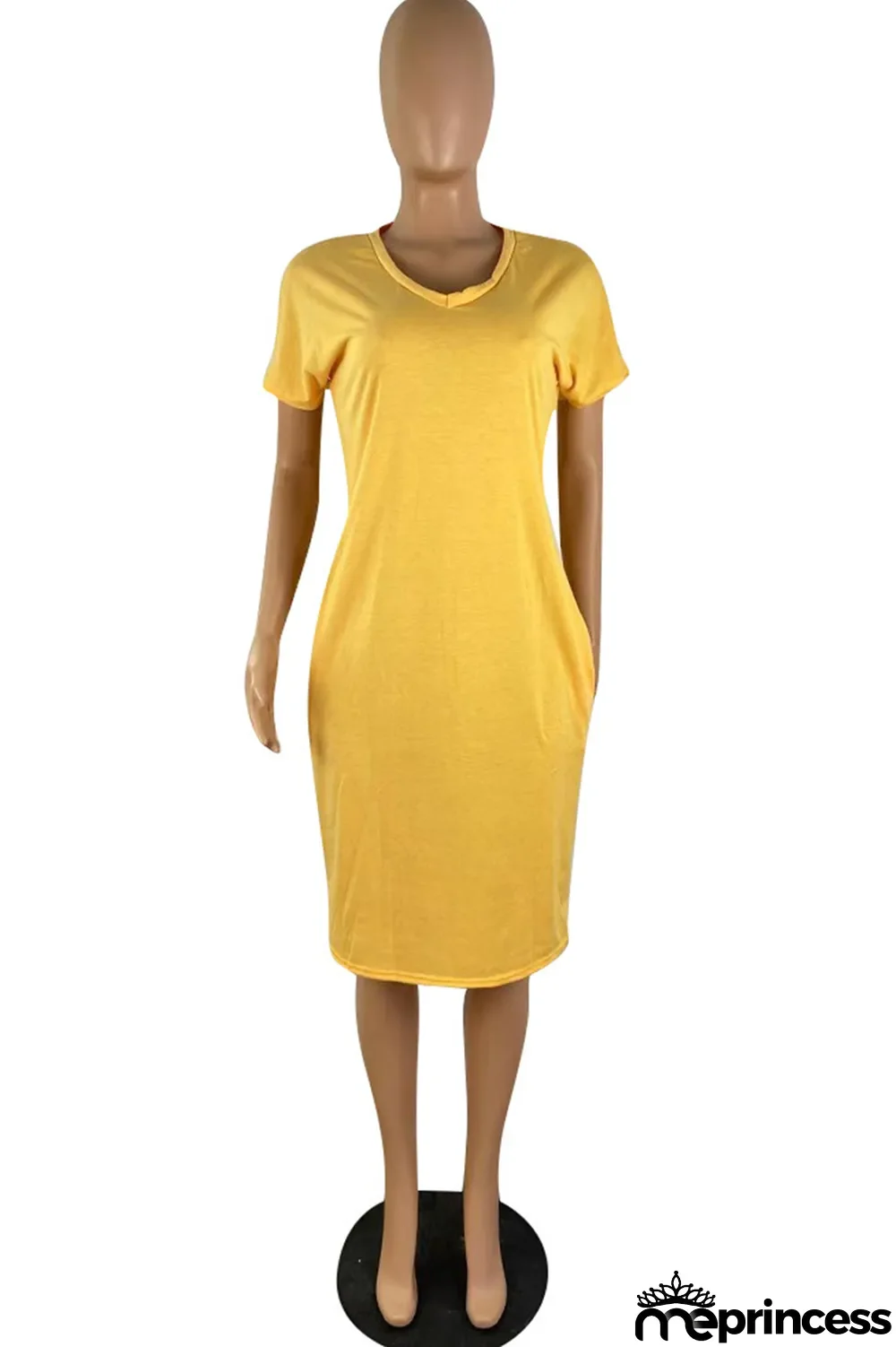 Orange Fashion Casual Solid Basic V Neck Short Sleeve Dress