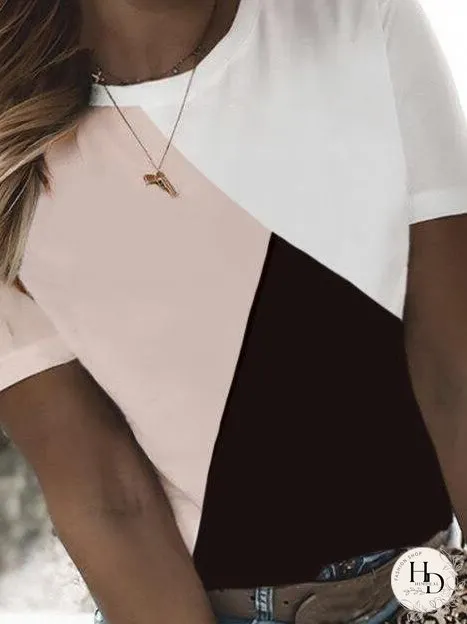 Color Block Round Neck Short Sleeves T-shirts