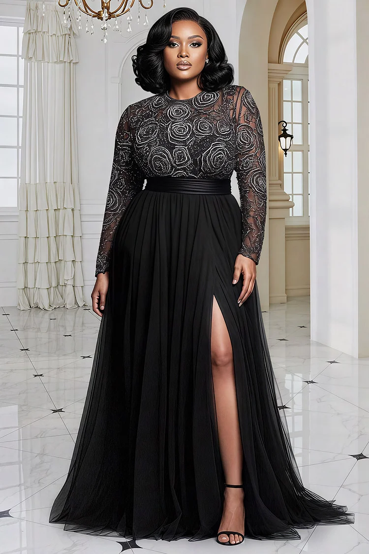 Xpluswear Design Plus Size Formal Tulle Black Round Neck Long Sleeve Split Elegant See Through Lace Maxi Dresses [Pre-Order]