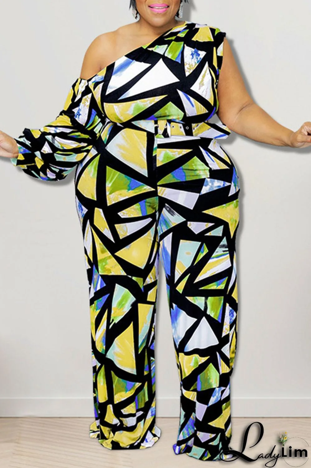 Yellow Casual Print Split Joint Oblique Collar Plus Size Jumpsuits