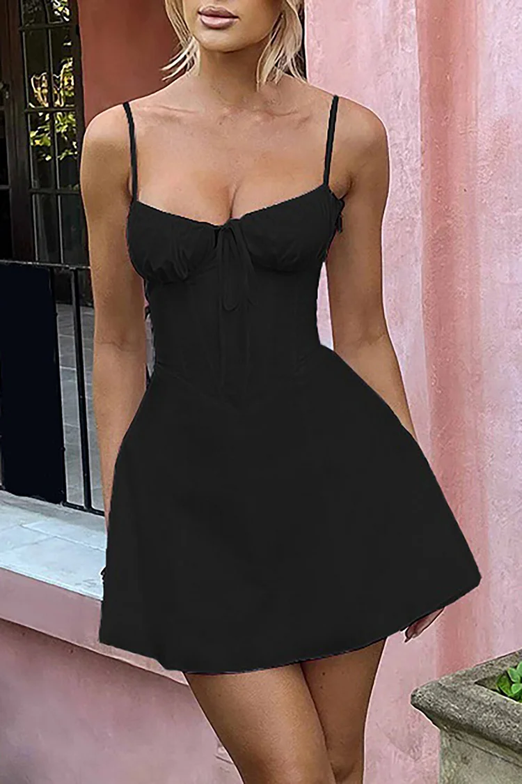 Front Tie Up Corset Design Solid Color A-Line Slip Mini Dresses-Yellow