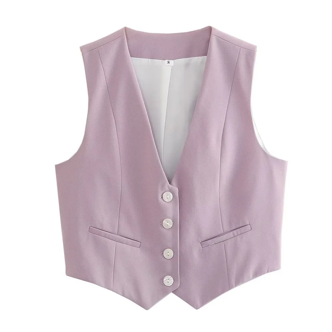 Nigikala Nigikala Women's Retro Solid Color Candy Color V-Neck Short Suit Vest / Horse Clip Cane