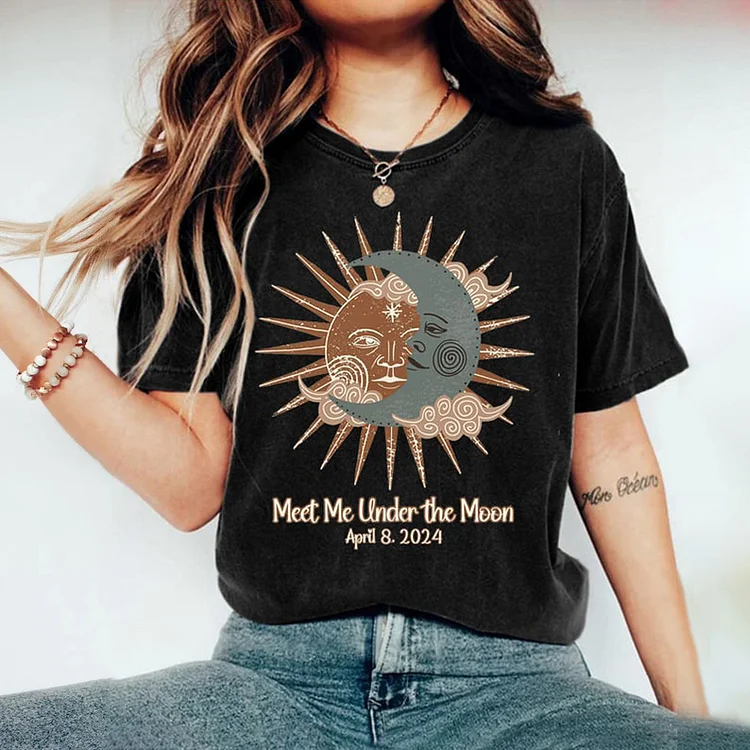 Comstylish Retro 2024 Total Solar Eclipse Print Round Neck T-Shirt