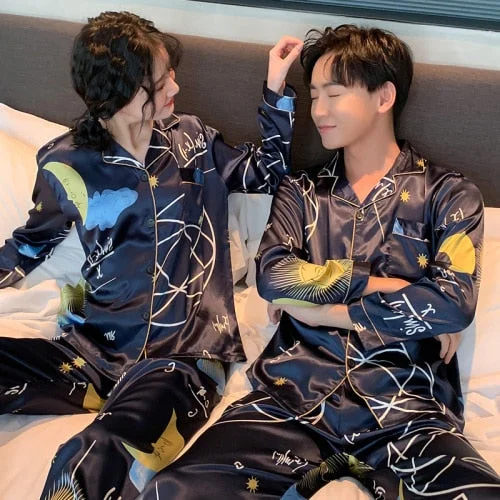 2021 Couple Pajamas Sets Silk Sleepwear Set Men Home Long Sleeve &Pants Lovers Pyjamas Loose Elastic Silk Women Pajamas Set Home
