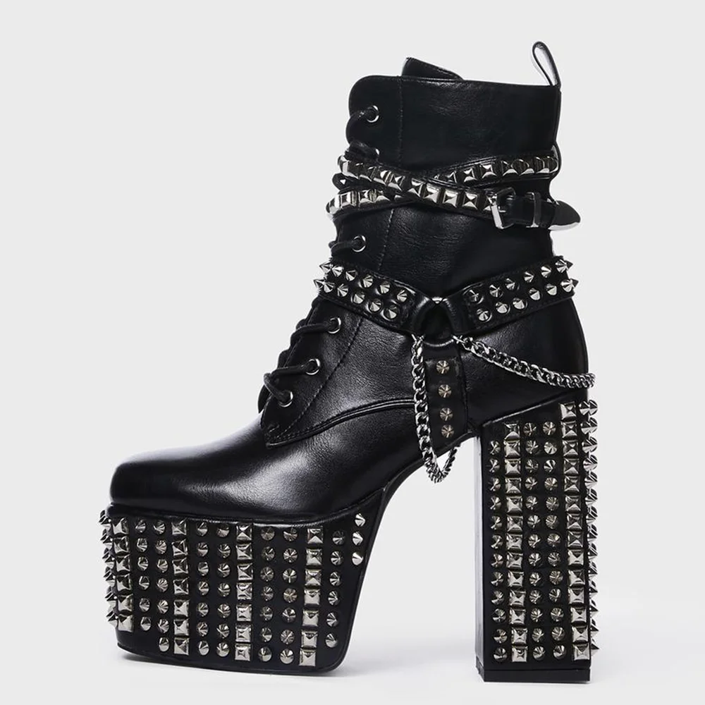 Black Platform Block Heel With Stud Decors Decorative Heels Boots with Chain Nicepairs