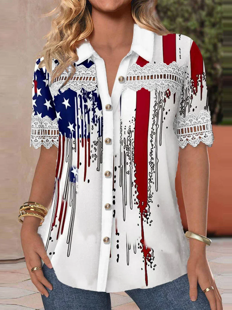 Women Short Sleeve V-neck Striped Star Printed Graphic Lace Hollow Stitching Button Tops