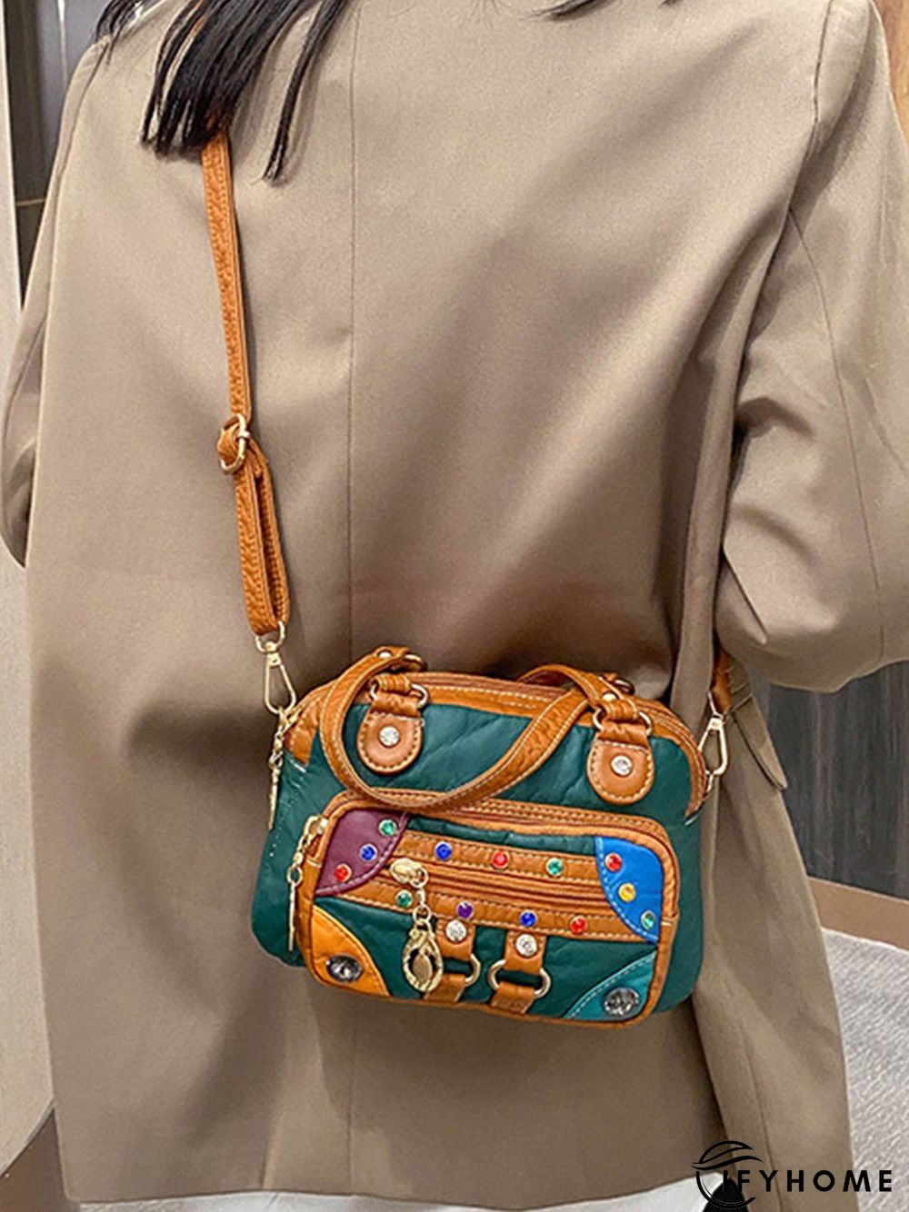 Retro Ethnic Style Mosaic Rhinestone Zipper Messenger Bag | IFYHOME
