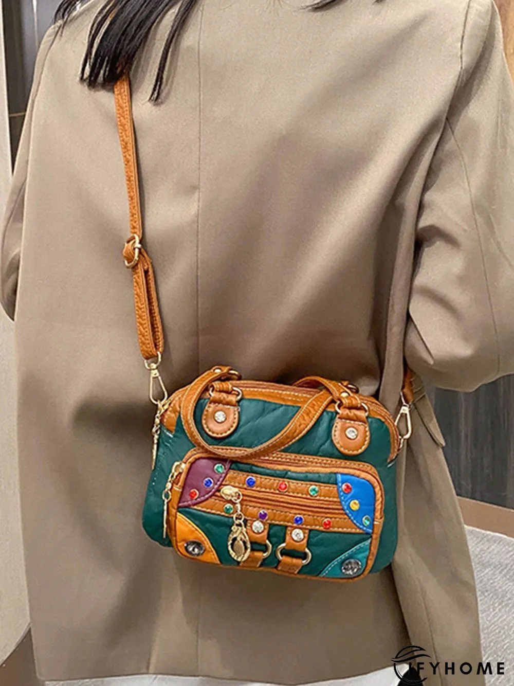 Retro Ethnic Style Mosaic Rhinestone Zipper Messenger Bag | IFYHOME