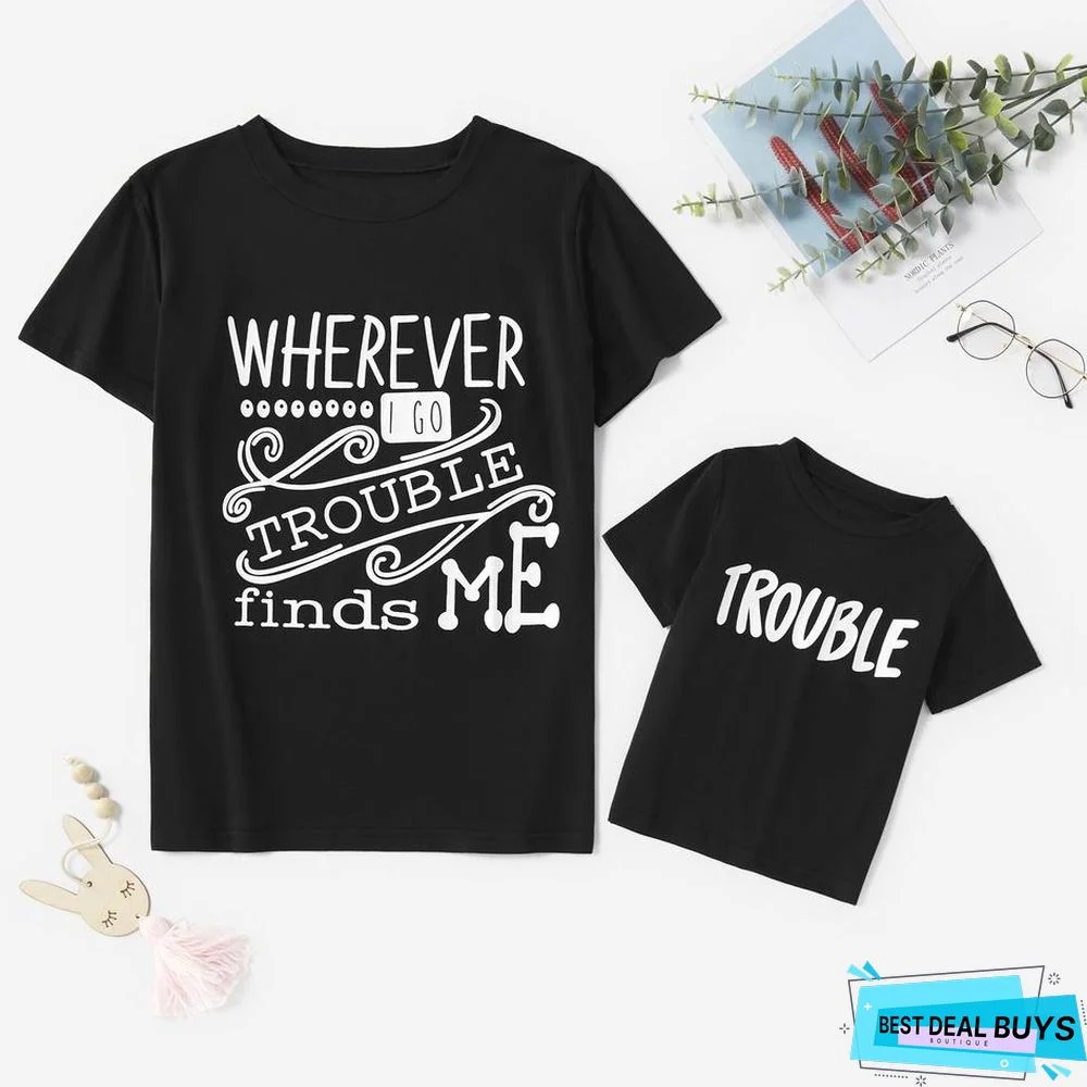 Mommy and Me Round Collar Letter Black Short Sleeve Matching Tops