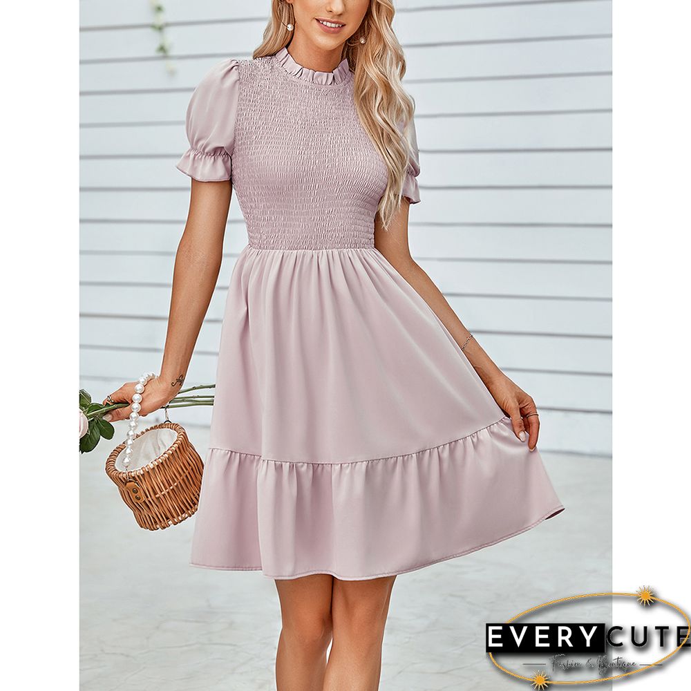 Light Pink Stand Neck Pleated Short Sleeve Dress