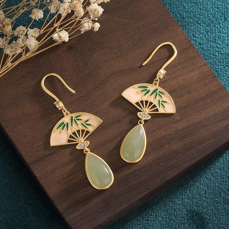 Green Aventurine Fan Pattern Luck Drop Earrings