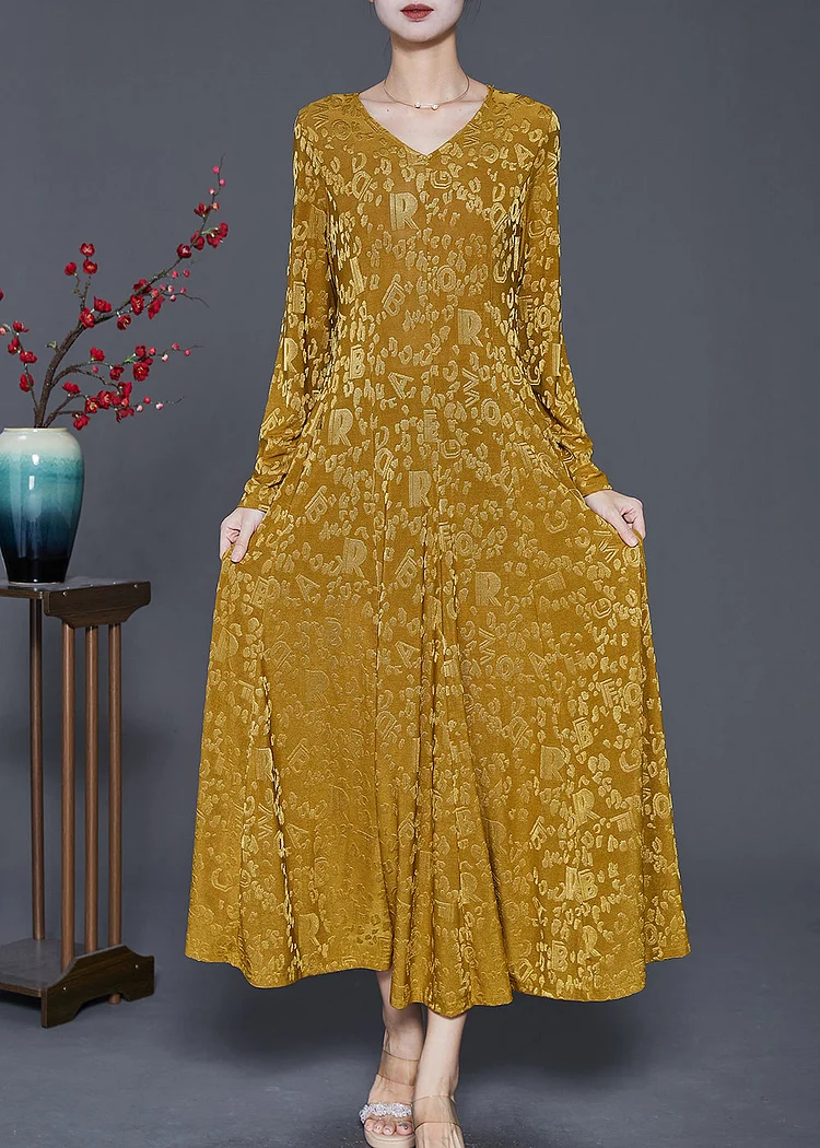 Stylish Yellow Jacquard Exra Large Hem Silk Velour Dress Spring