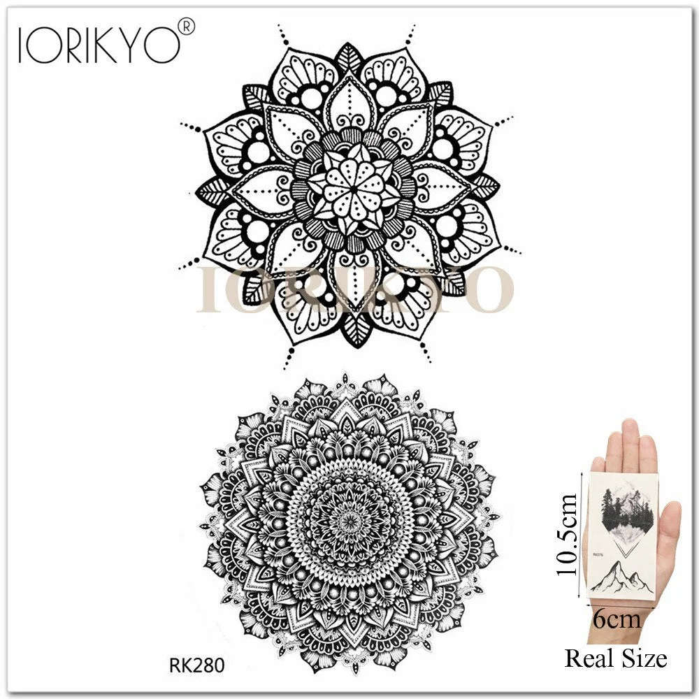 Mandala Henna Flower Fake Tattoo Arm Body Stickers Women Arm Temporary Tattoo Girls Ankle Lace Fake Tatoo Round Black Moon