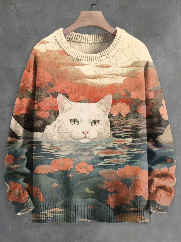 Men's White Cat In Water Flowers Art Print Knit Sweatshirt