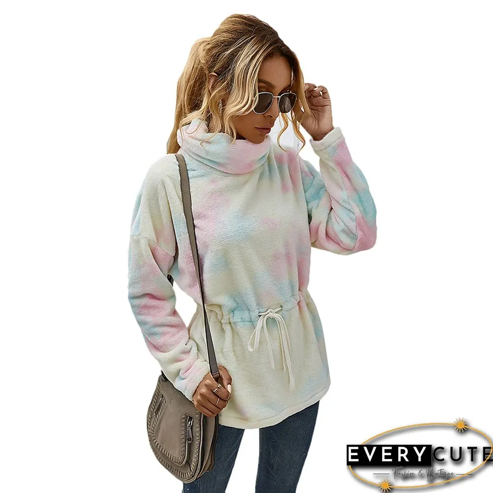 Light Pink Cowl Neck Tie Dye Print Hoodie