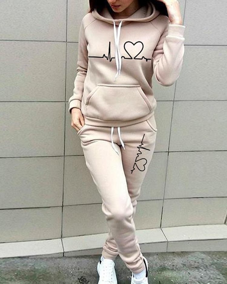 Heart & ECG Print Hooded Top & Pants Set - Shop Trendy Women's Clothing | LoverChic