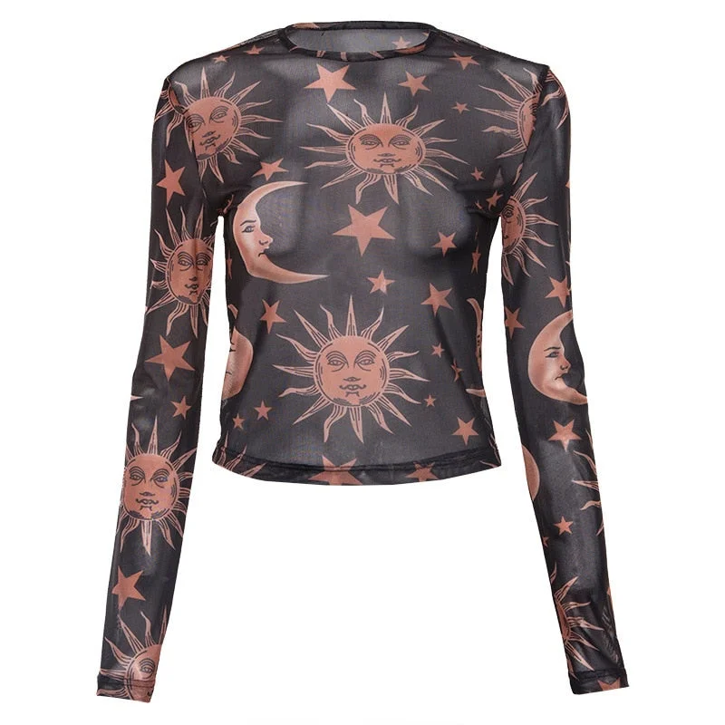 InstaHot Sun Moon Print Transparent T Shirts Women Sexy See Through Long Sleeve 2019 Spring Hot Selling Clothing Stars Tops Girl