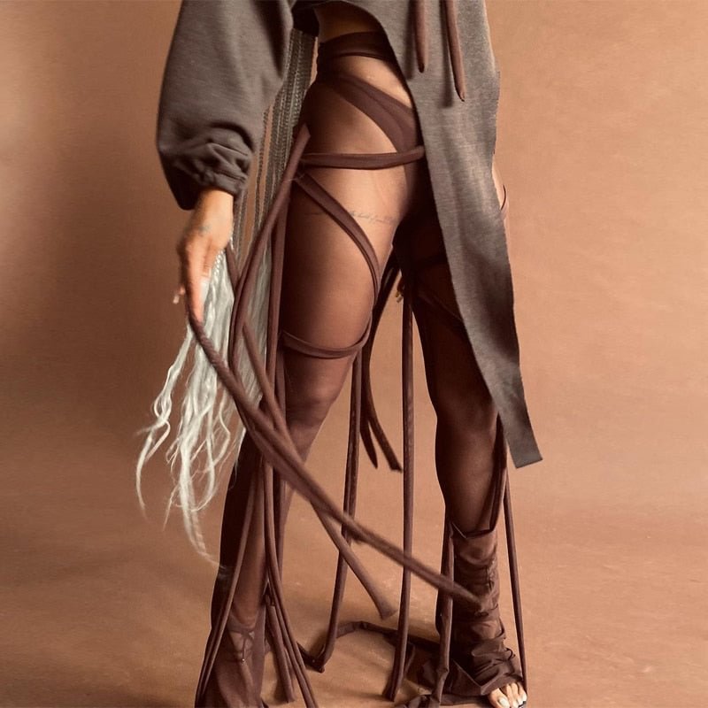 2020 High Waist Mesh See-Through Bandage Solid Pants Autumn Winter Women Fashion Sexy Outfits Trousers