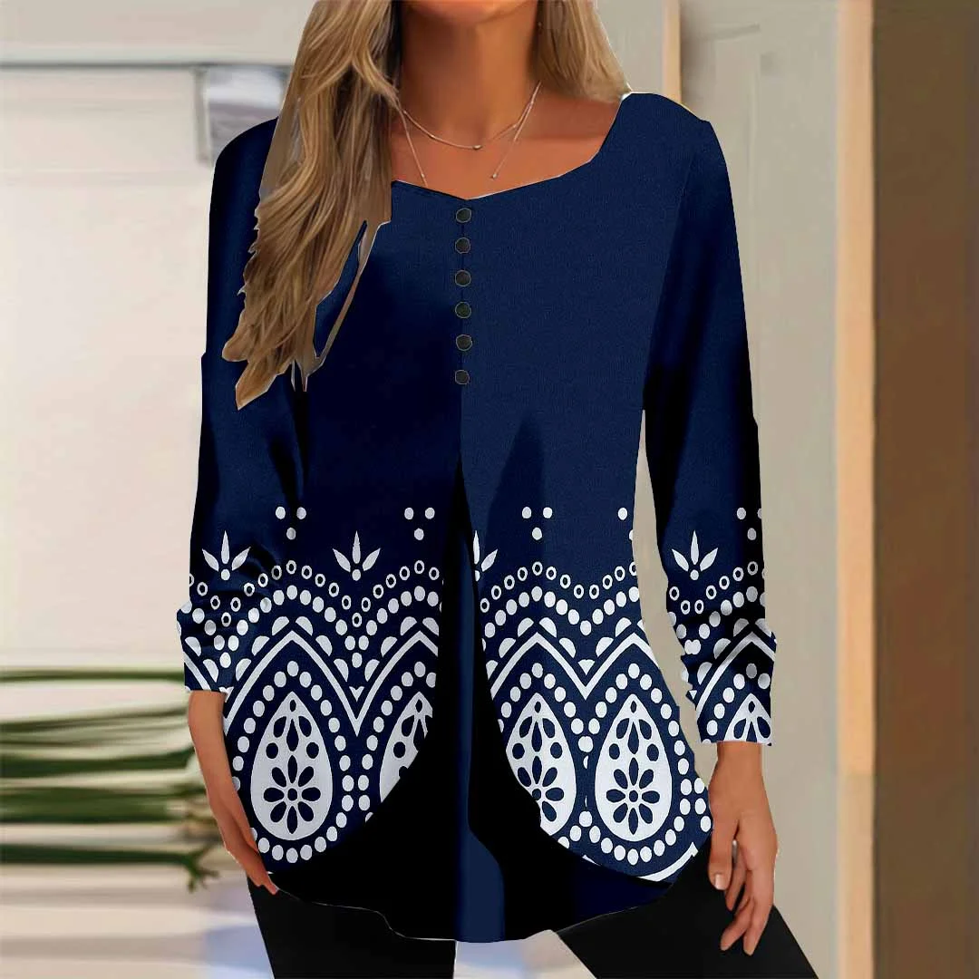 Women Graphic,Blue DZGG8284 Long Sleeve Scoop Neck Printed Graphic Button Fake 2in1 Tops