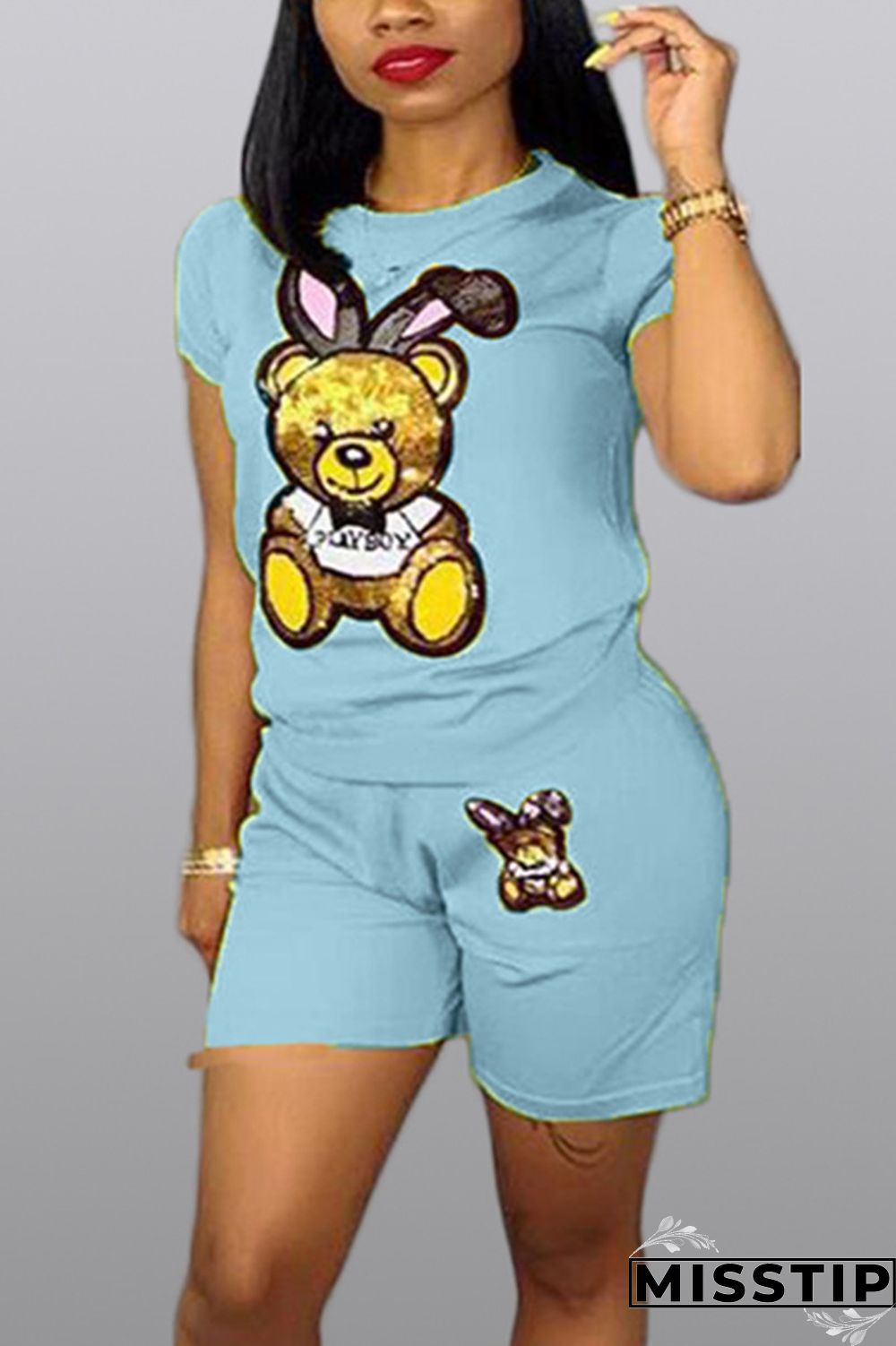 Light Blue Casual Fashion Patchwork Sequin Straight