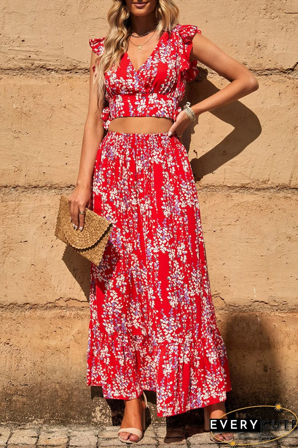 Red Multicolor Floral Ruffled Crop Top and Maxi Skirt Set