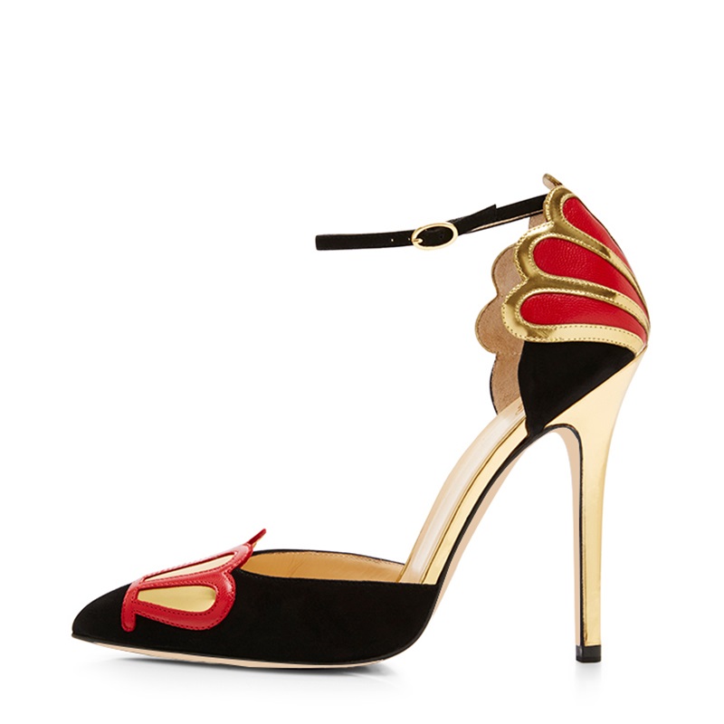 GOOSHOE Black Suede and Red Crown Gold Pointy Toe Ankle Strap Pumps
