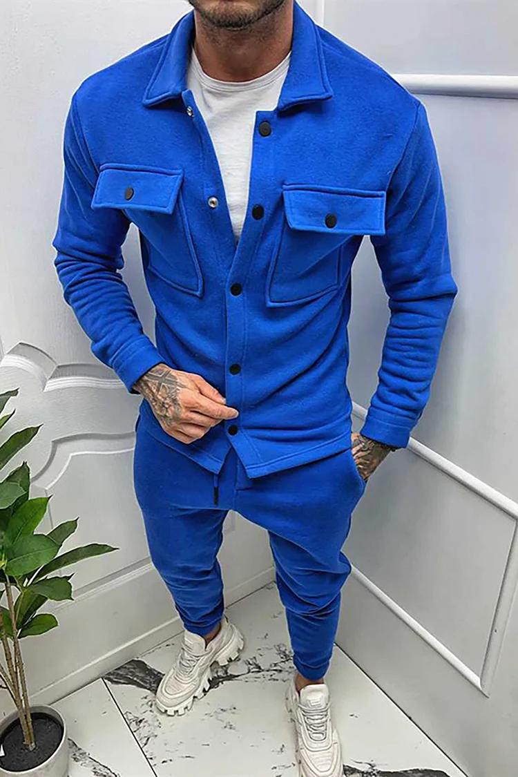 Casual Button Pocket Jacket Pants Two Piece Set