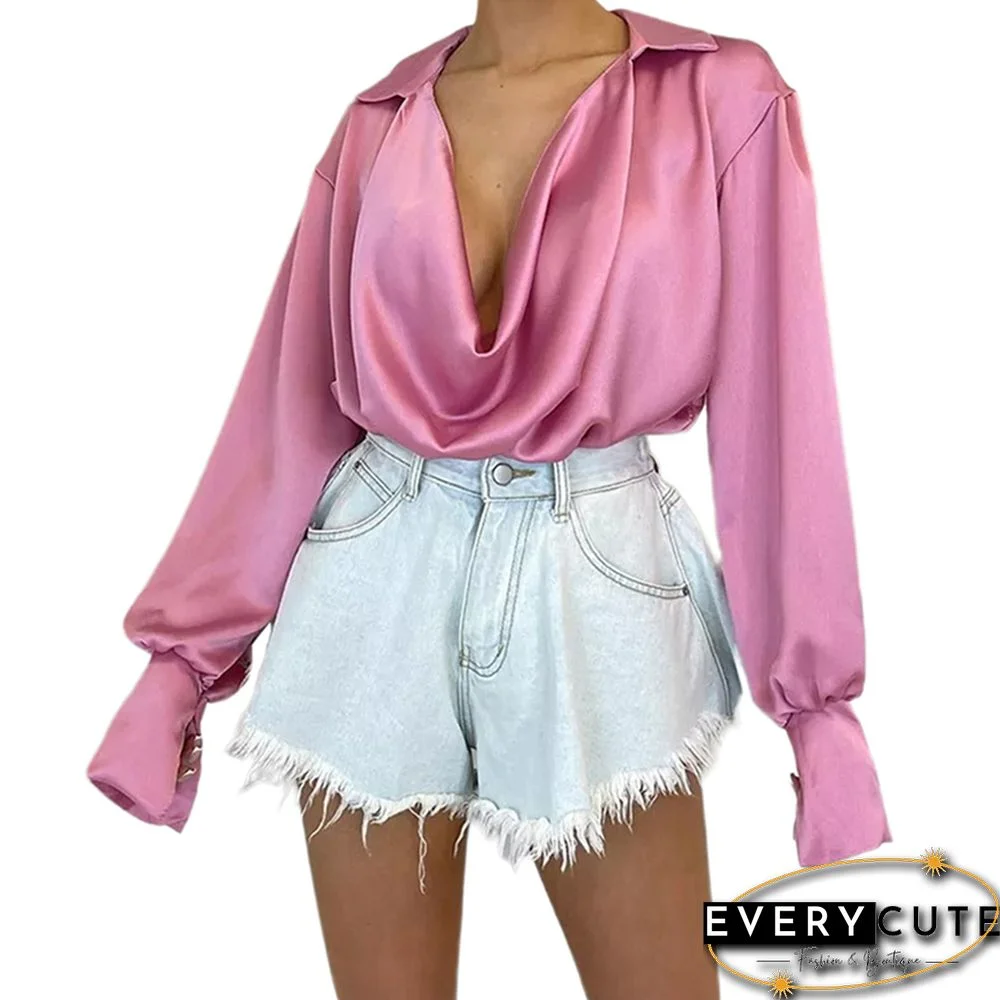 Pink Low-Cut Draped Long Sleeve Tops
