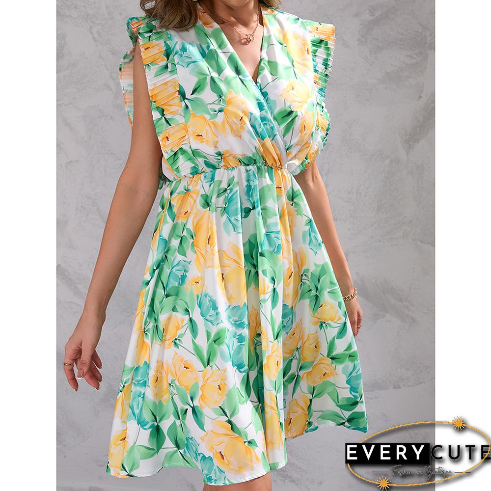 Light Green Flower Print Ruffled Sleeveless V Neck Mini Dress