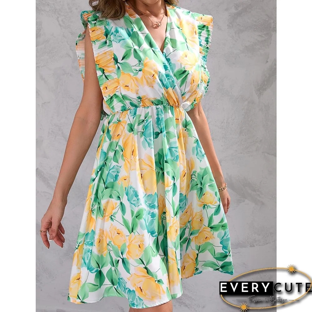 Light Green Flower Print Ruffled Sleeveless V Neck Mini Dress