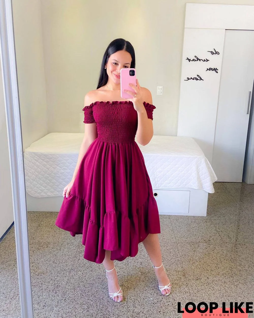 Off Shoulder Short Sleeve Ruffle Midi Dress