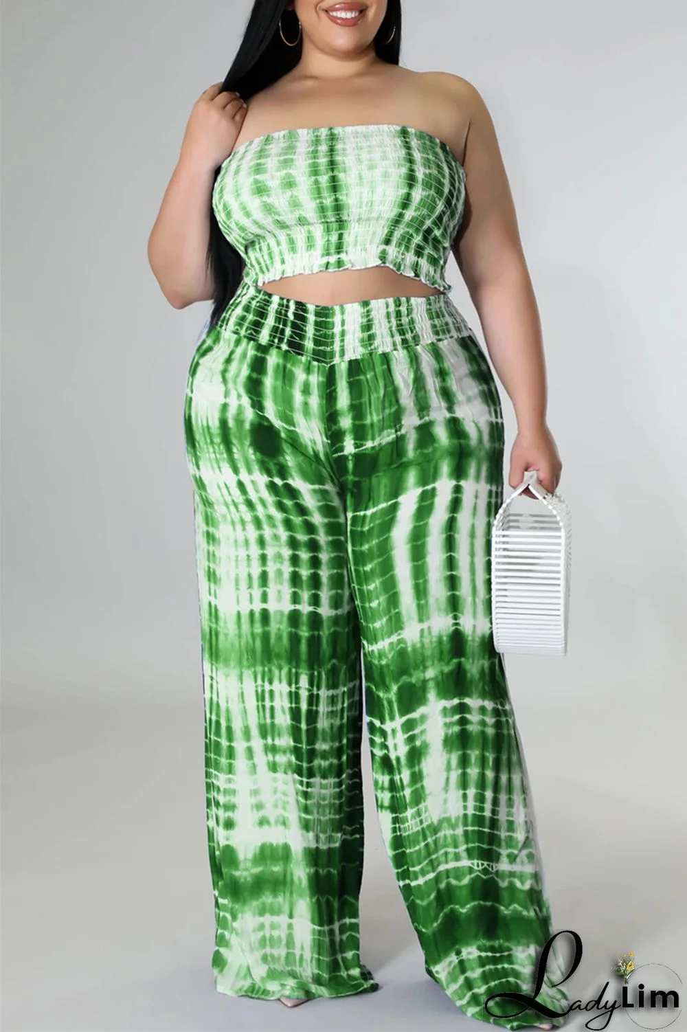 Green Sexy Casual Print Tie Dye Backless Strapless Plus Size Two Pieces