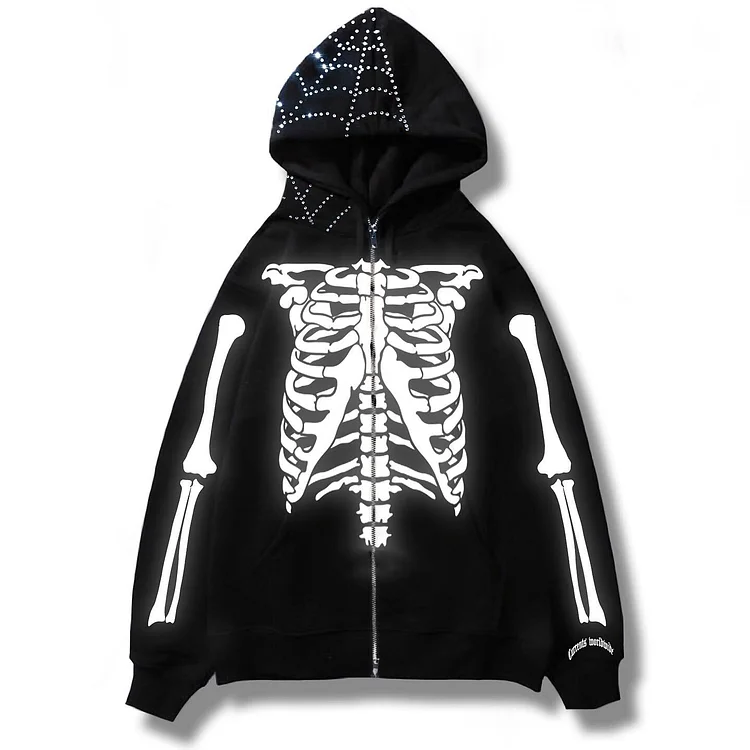 Reflective Skeleton Print Men's Zip Up Oversized Hooded Sweatshirt Jacket-VESSFUL