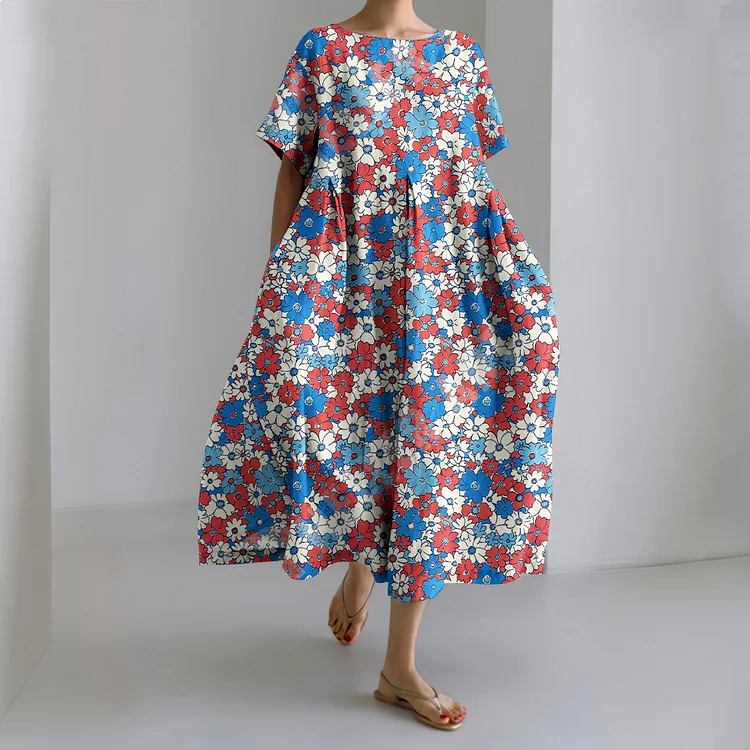 Comstylish Independence Day Floral Print Short Sleeve Loose Midi Dress