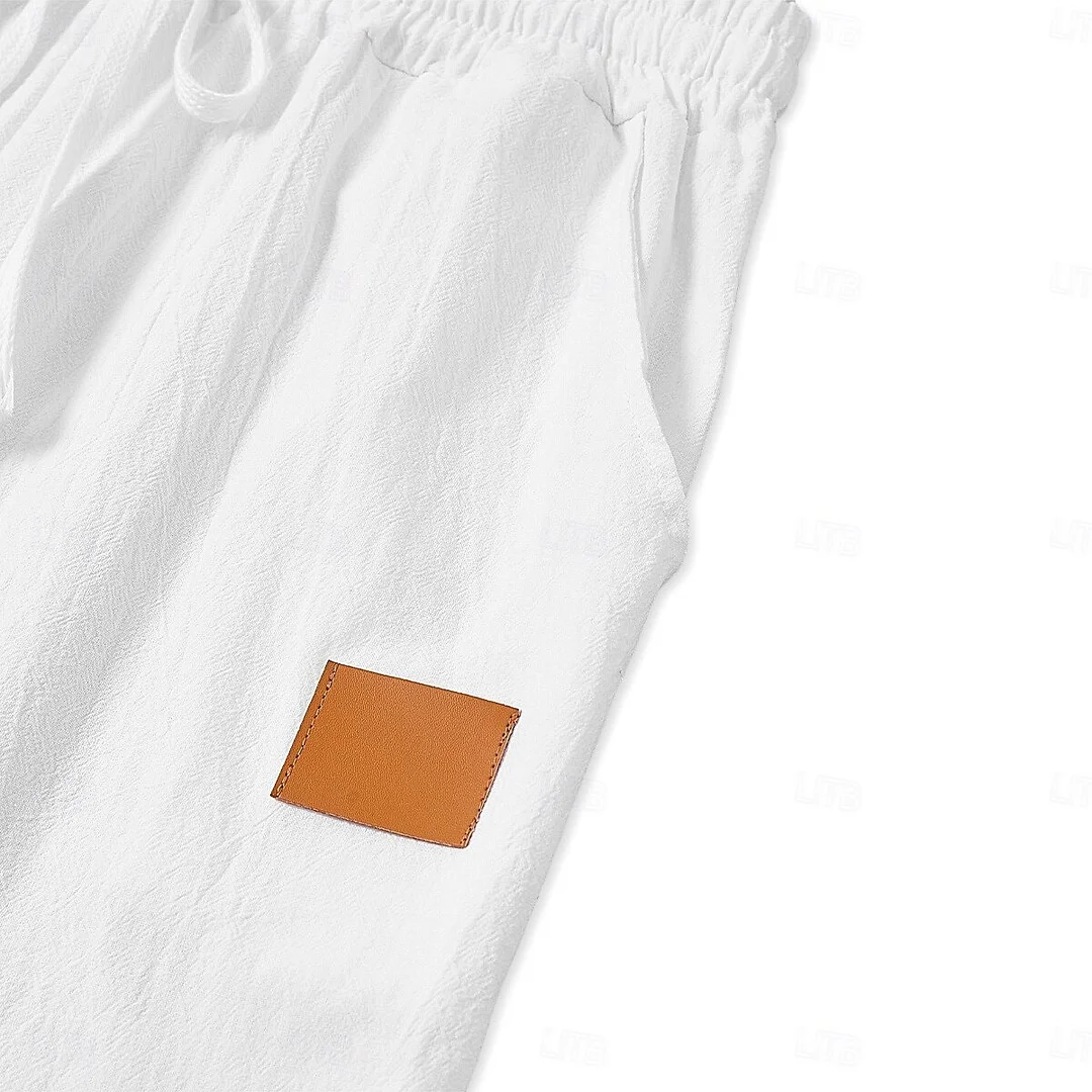 Men's Linen Leather Lable Beach Drawstring Elastic Waist Straight Leg Plain Comfort Breathable Pants White