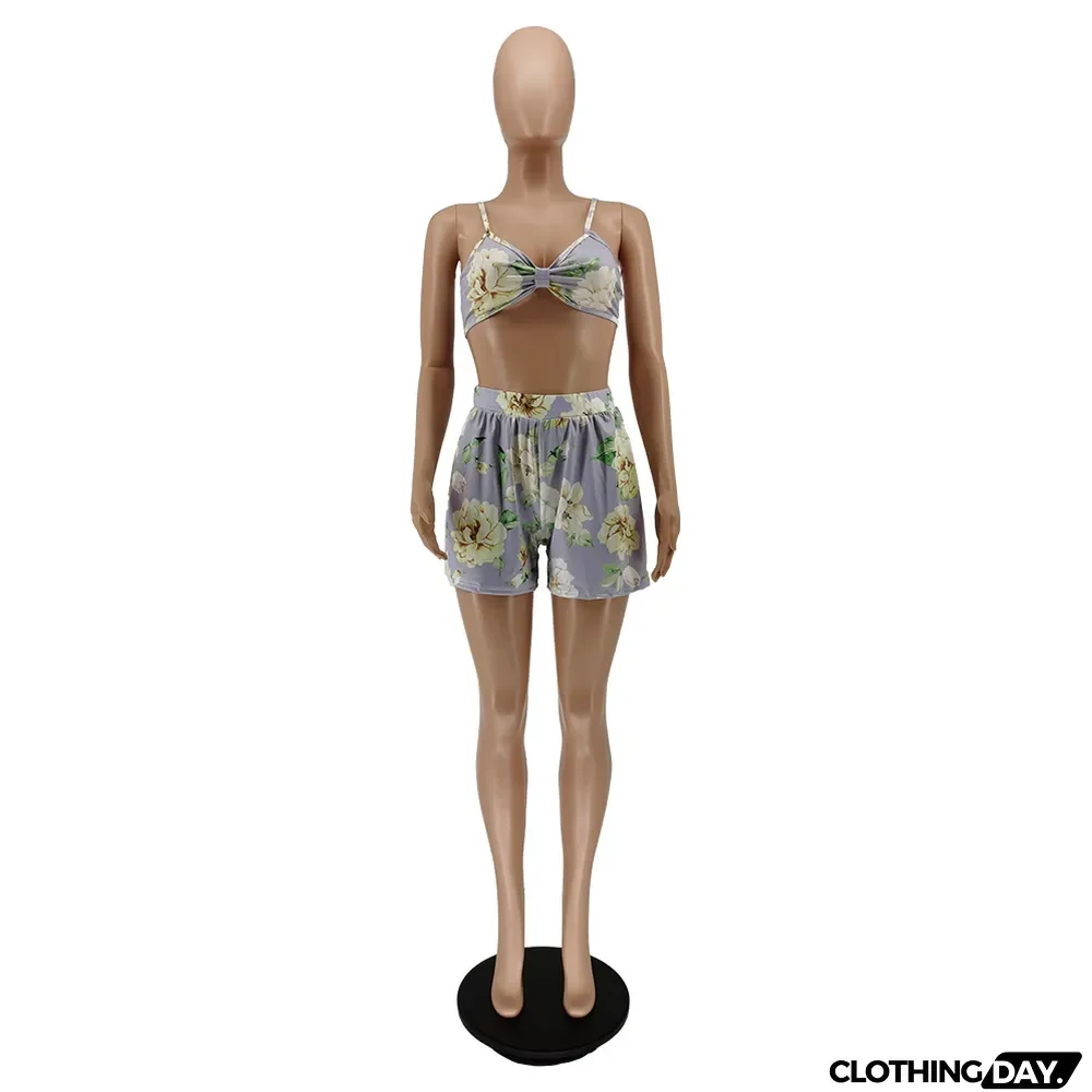 Women Clothes Summer Fall Lace-Up Strap Print Two-Piece Shorts Set