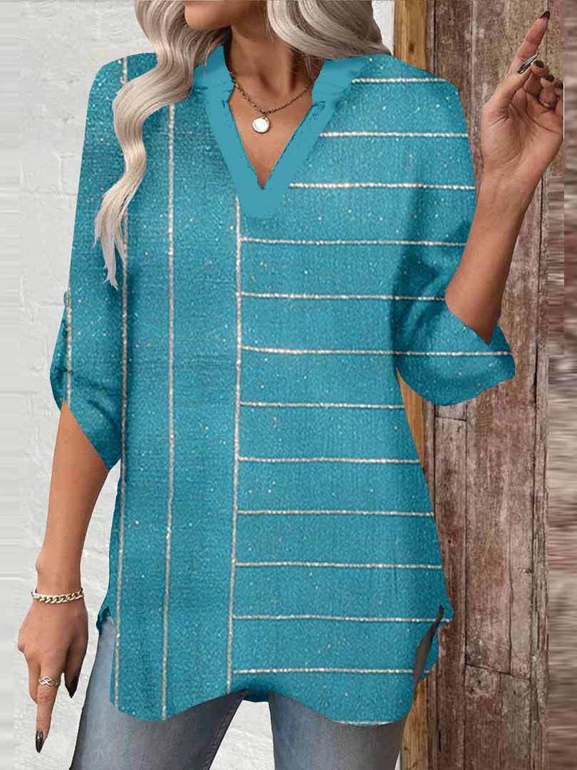 Women Glitter,Striped,Blue DZGA0001 3/4 Sleeve V-neck Printed Graphic Button Tops