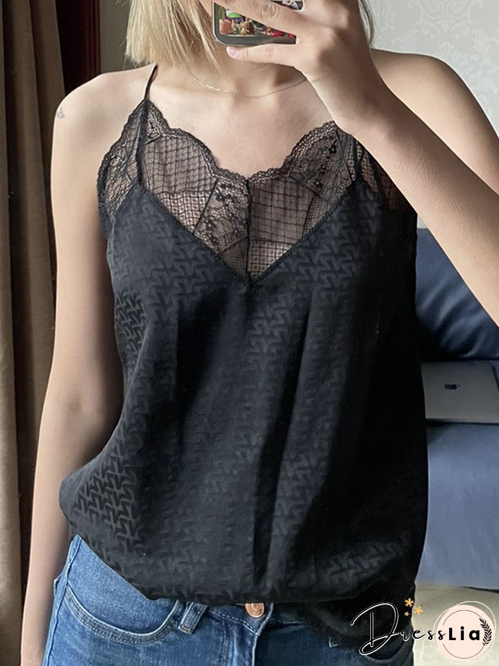 Silk Women New Style Romantic Neckline Exquisite Lace Stitching Letter Printing Girls Camis Vest