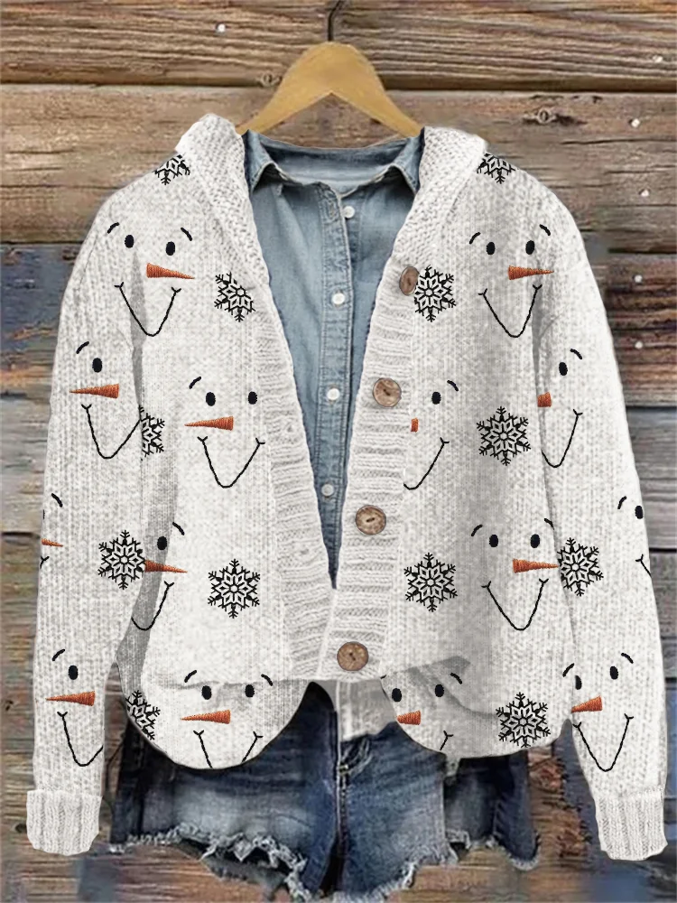 Snowman Faces & Snowflakes Embroidery Pattern Hooded Cardigan