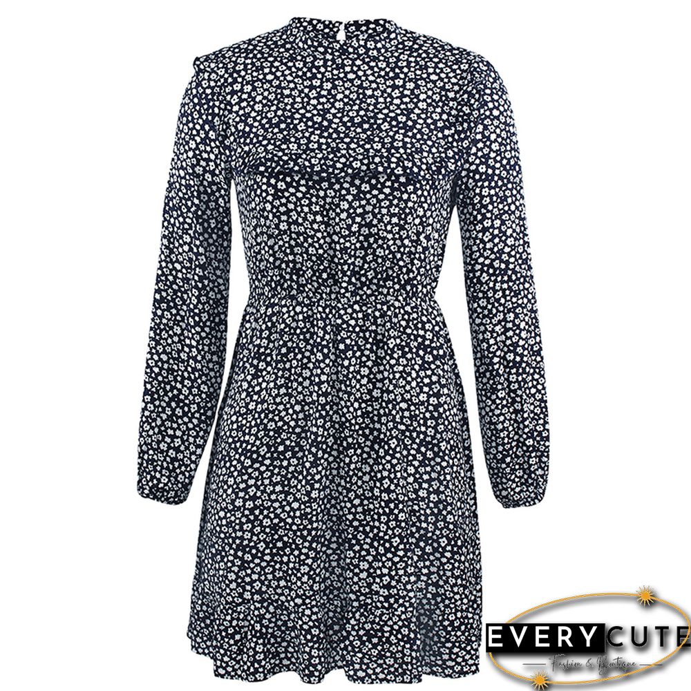 Navy Blue Ruffles Hem Long Sleeve Floral Dress