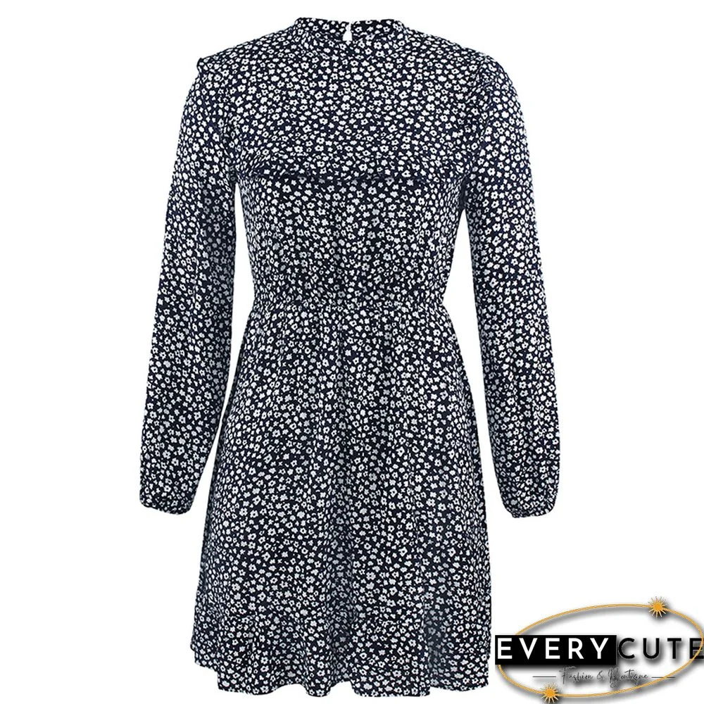 Navy Blue Ruffles Hem Long Sleeve Floral Dress