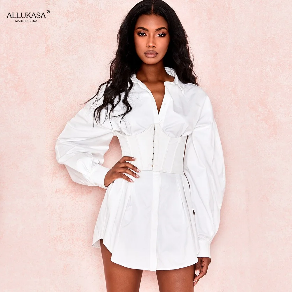Mini Shirt DressSummer Autumn Women Long Sleeve bodycon dress Button V Neck Three Quarter Sleeve Waist Collection Blouses Dress
